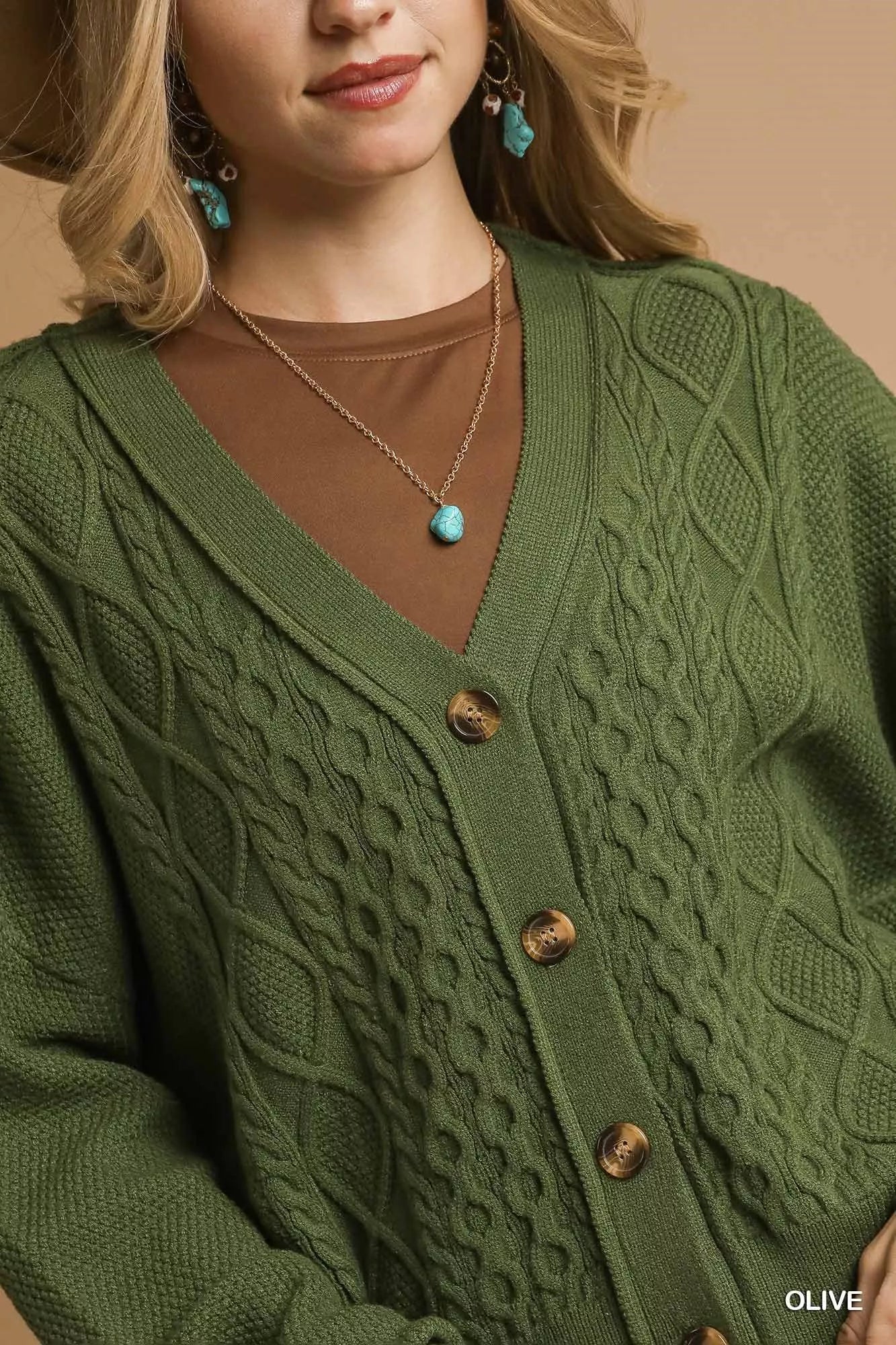 Umgee Button-Up Cardigan Olive Green Chunky Cable Knit V-Neck Sweater