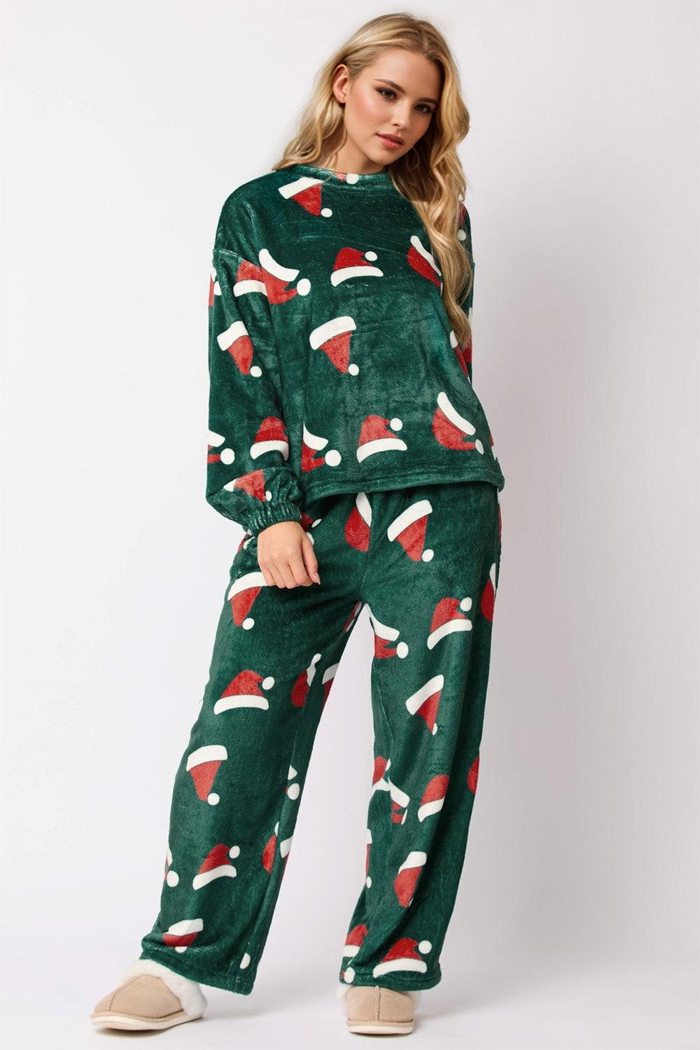 Christmas Hat Pattern Loungewear Round Neck Long Sleeve Top and Pants Set