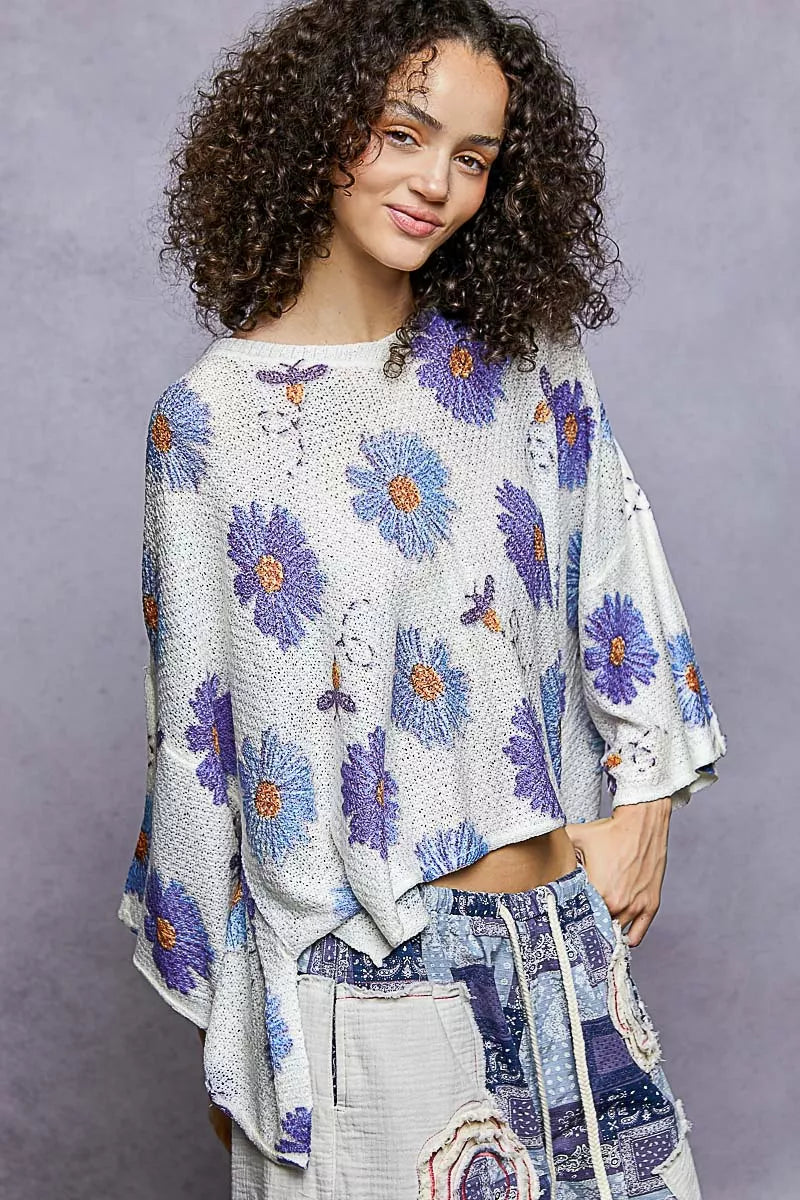 POL Floral Sweater Ivory Blue Round Neck Rolling Edge Knit Top 566f51ef-e226-46c0-91cc-83364228be1c-Max-Origin Trendsi