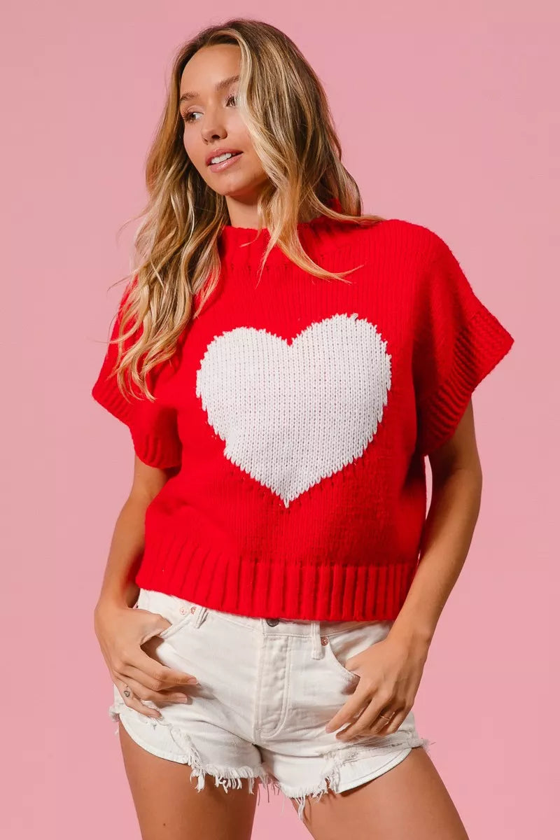 BiBi Valentines Sweater Red Rib Top White Banded Heart Pattern 567cd2a2d392417aa3fc6fc71ffd2fc9-Max-Origin Trendsi
