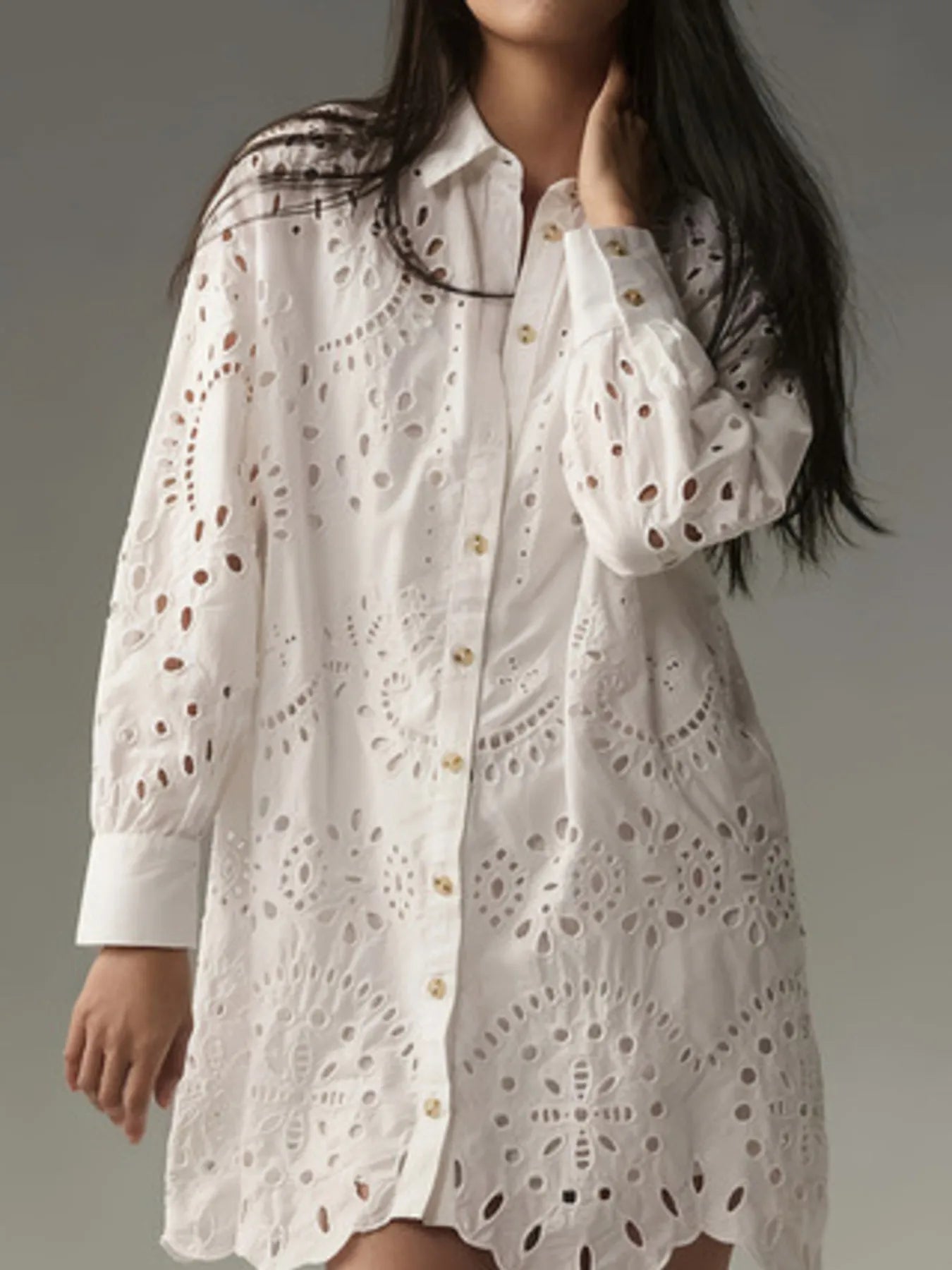 Shirt Dress Crochet Eyelet White Button Front Long Sleeve Short Dress 567dd82921f74970a75201f9a85e85d6-Max-Origin Trendsi