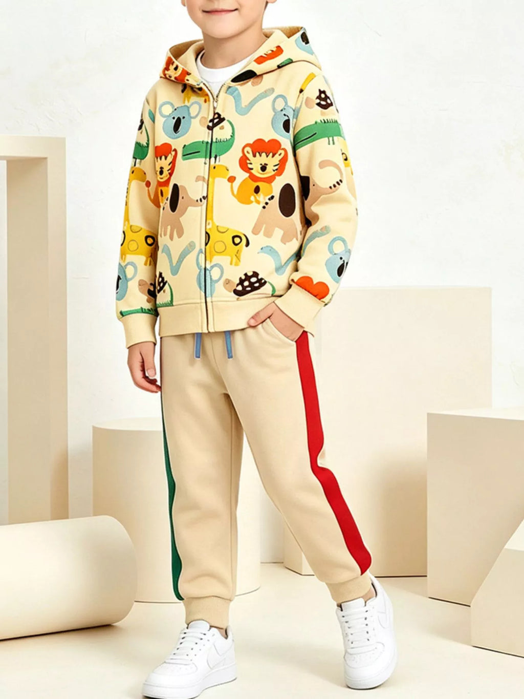 Kleiner Junge in beige Cartoon-Tier-Print Zip-Up Hoodie und Jogginghose mit roten und grünen Beinstreifen