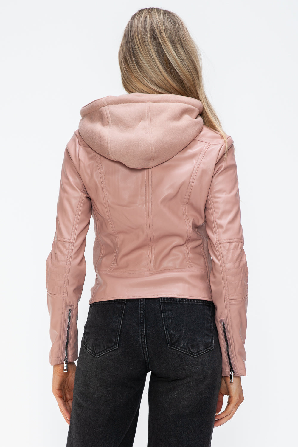 Snobbish Faux Leather Women Jacket Mauve Zip Up Drawstring Hooded