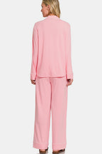 Zenana Lounge Set Pink Button Down Long Sleeve Top and Pants 2 Pcs 5692749e-0ec9-41b4-950c-d34b5e81edcc-Max Trendsi