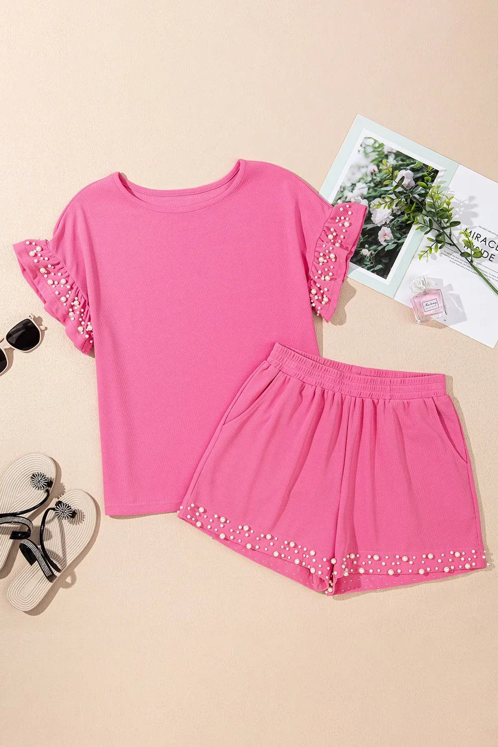 Outfit Set Pink Wpmen's Pearl Ruffled Embellished Top and Shorts Set 569569a2-f319-4498-bfe4-63cf5ed52ddd-Max-Origin Trendsi