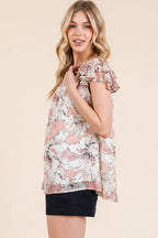 Lime 'N' Chili Blouse Pink Floral Print Lace Trim Puff Short Sleeve 569b74a0d58a465c9e197d9ddd6ccf77-Max-Origin Trendsi