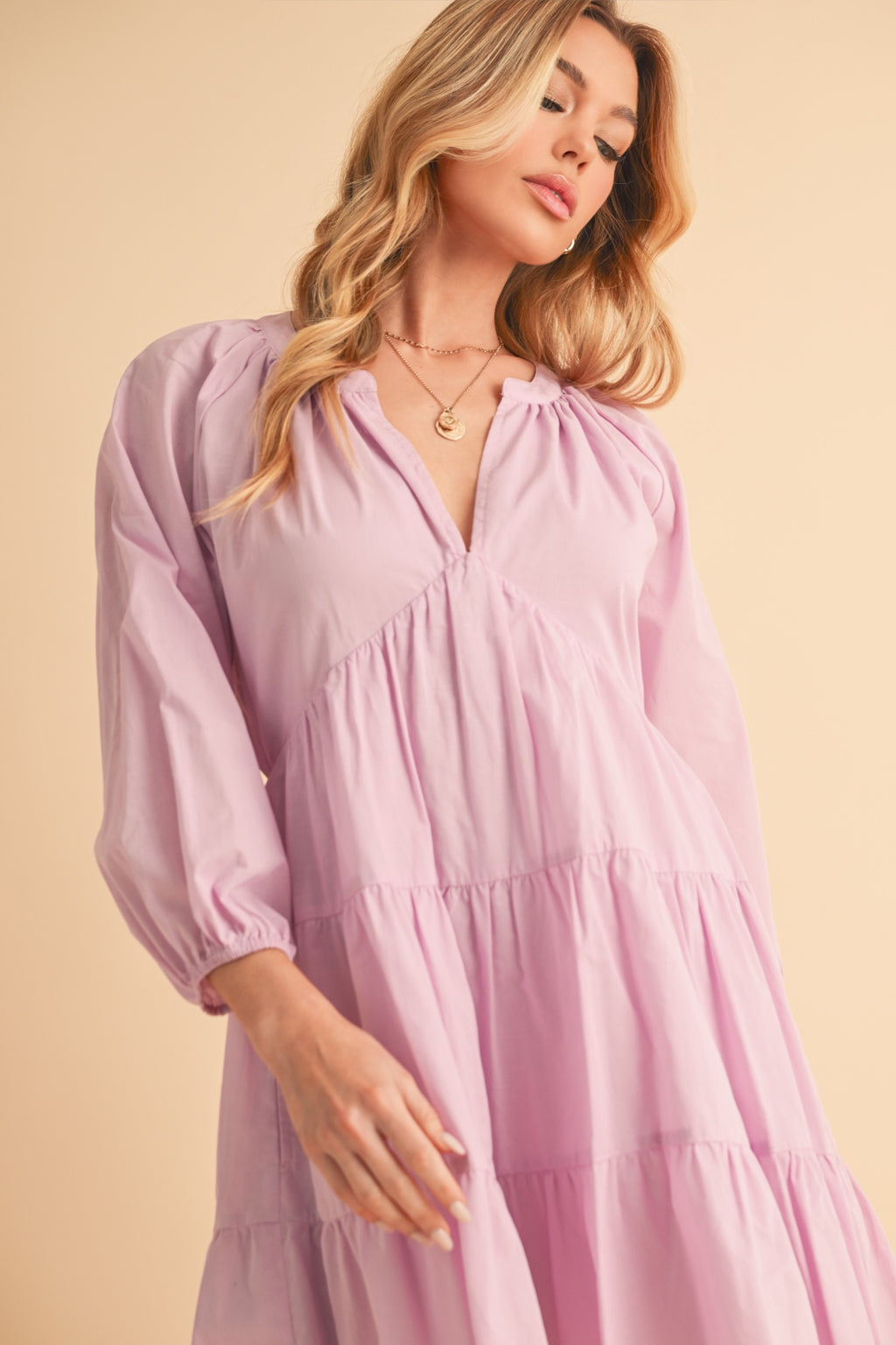 Aemi + Co Mini Dress Cotton Notched Balloon 3/4 Sleeve Lilac Ruffle Tiered 56a0b85f-aaef-4da1-8bdb-c95d6bf51122-Max Trendsi