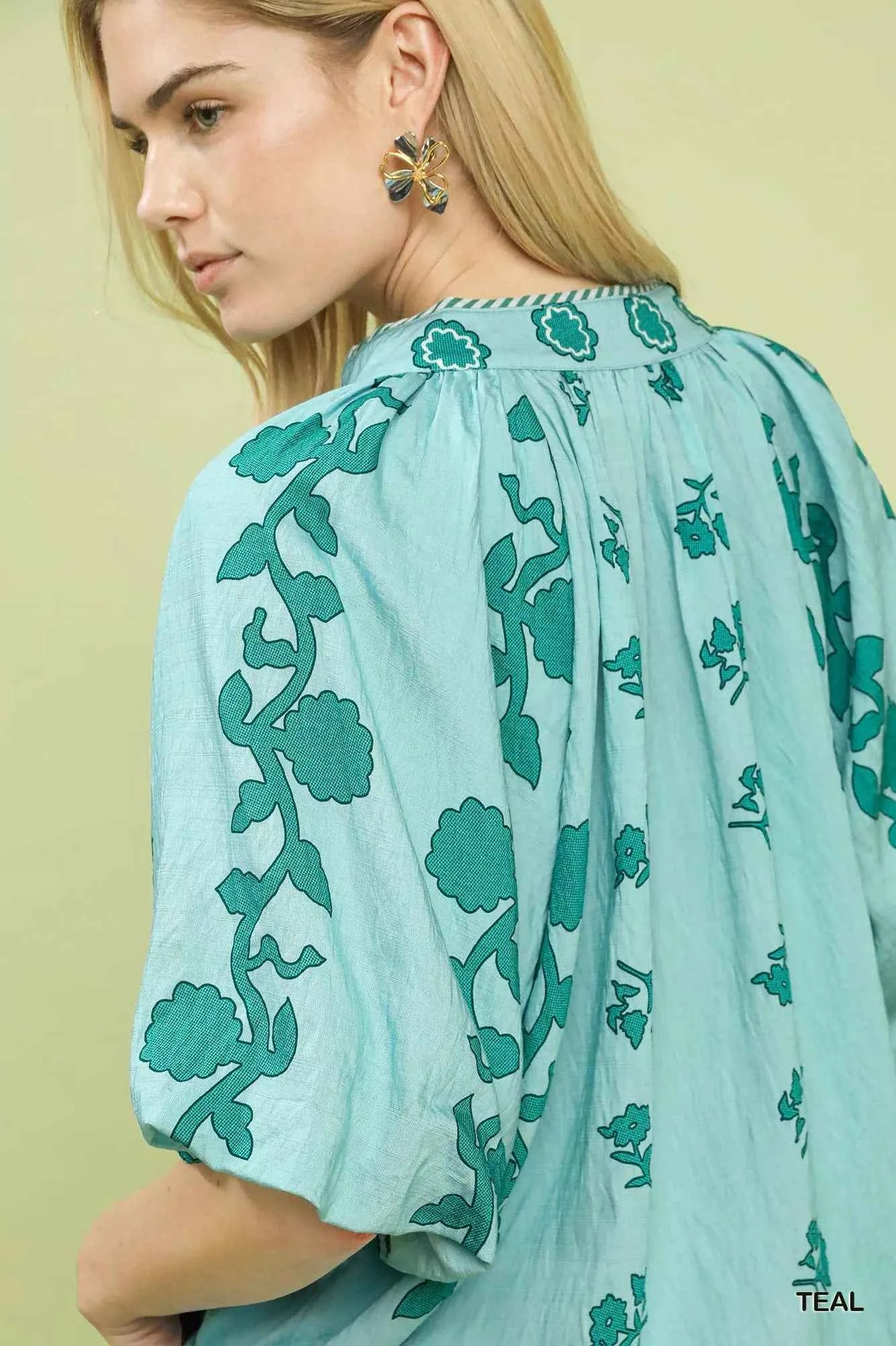Umgee Blouse Collared Floral Print Teal Short Sleeve Buttoned Top 56af6068-8b46-451b-b7bf-527c90abd083-Max-Origin Trendsi