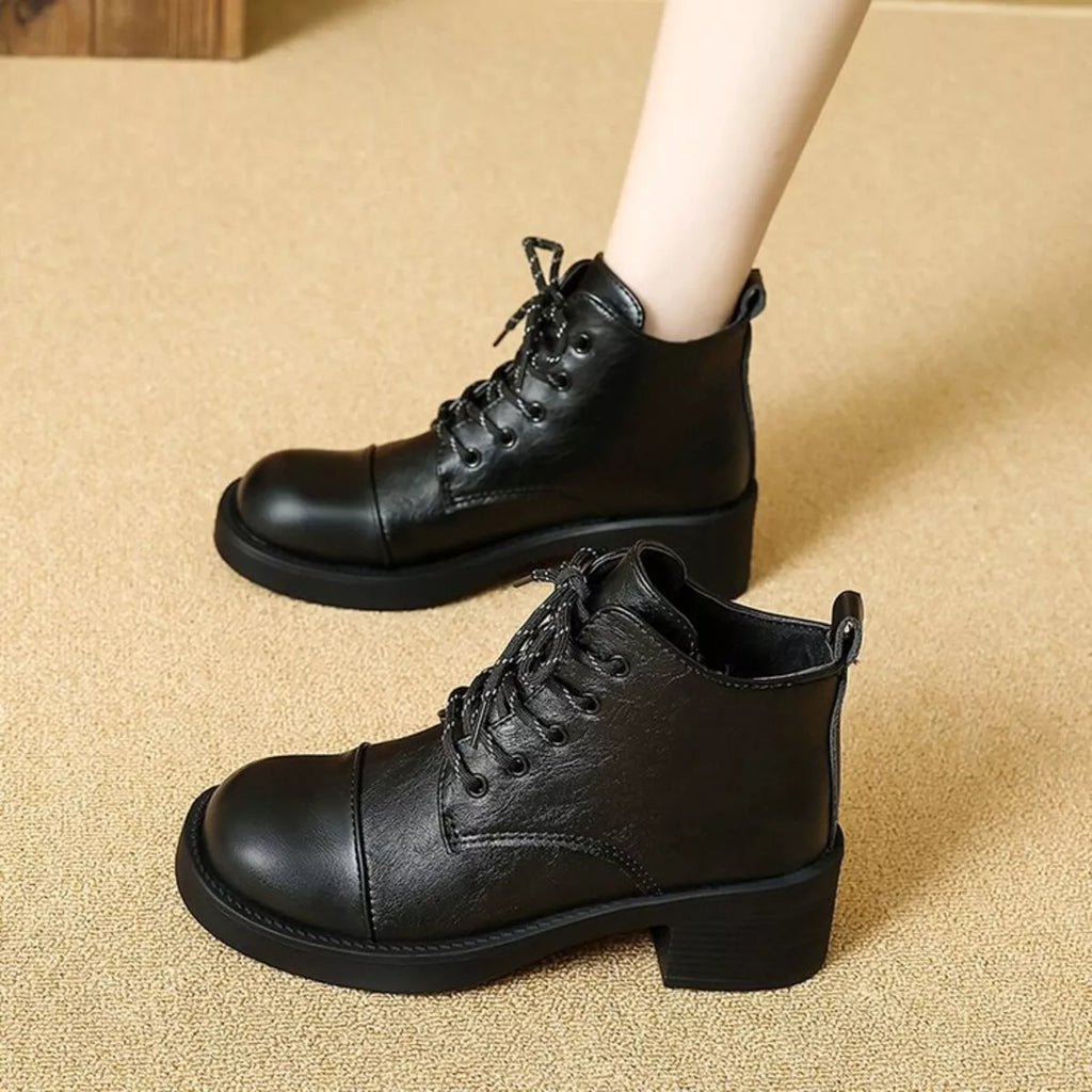Women's Ankle Boots Pu Leather Round Toe Block Mid Heels Shoes Black 56b5ef7a50da4a98901f58b1a6bb0d6e-Max-Origin Trendsi
