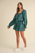 MABLE Outfit Set Embroidered Lace Teal Green Scalloped Long Sleeve Top and Short 56c13272a37e4f879979358305b234e7-Max-Origin Trendsi