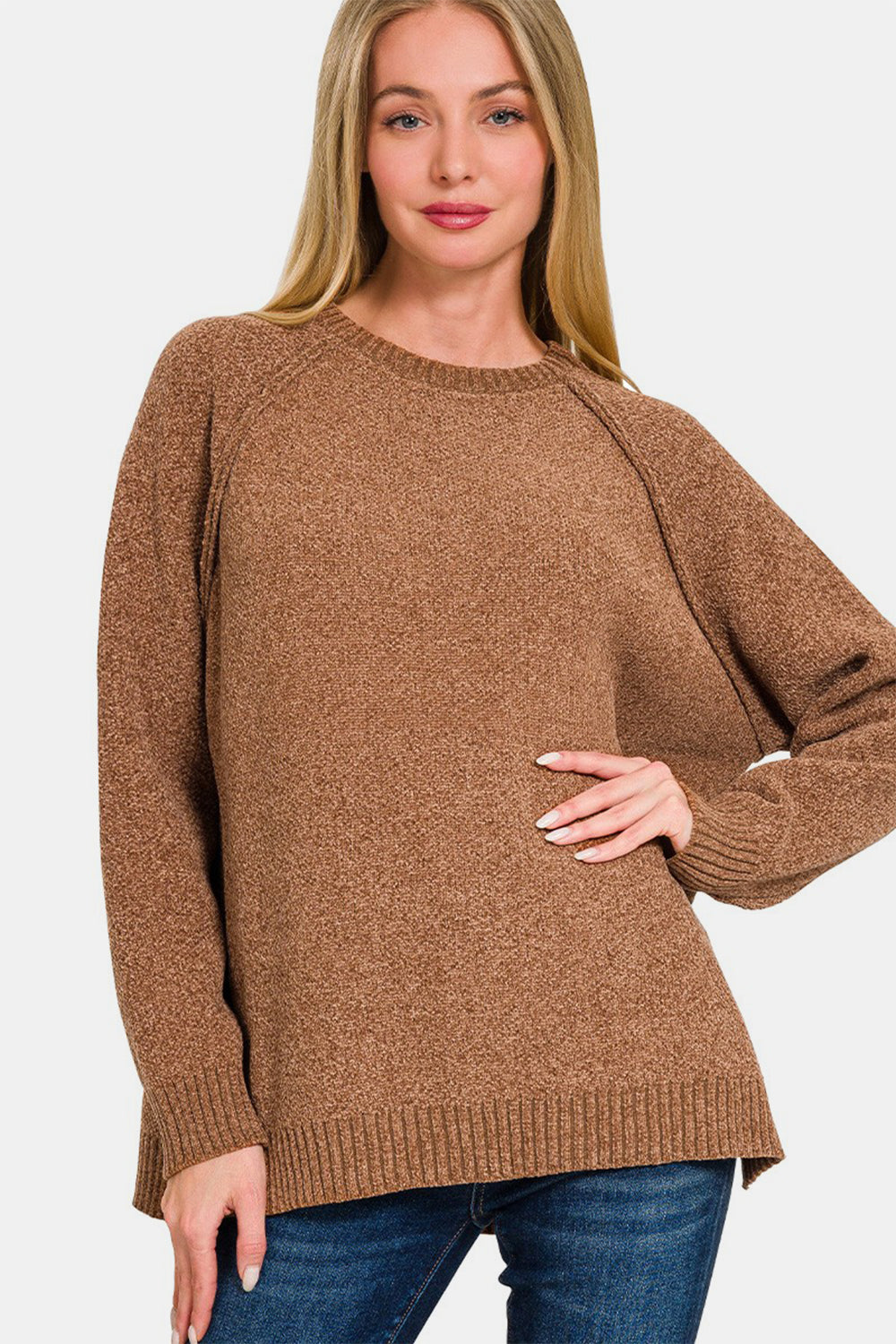 Zenana Knit Women Sweater Side Slit Raglan Sleeve Deep Camel Basic Knitwear