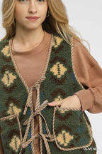 Umgee Womens Vest Olive Mix Patterned Sherpa Tie-Front with Pockets 56c8f811-14f4-42cf-a38a-264c2578e4d5-Max-Origin Trendsi
