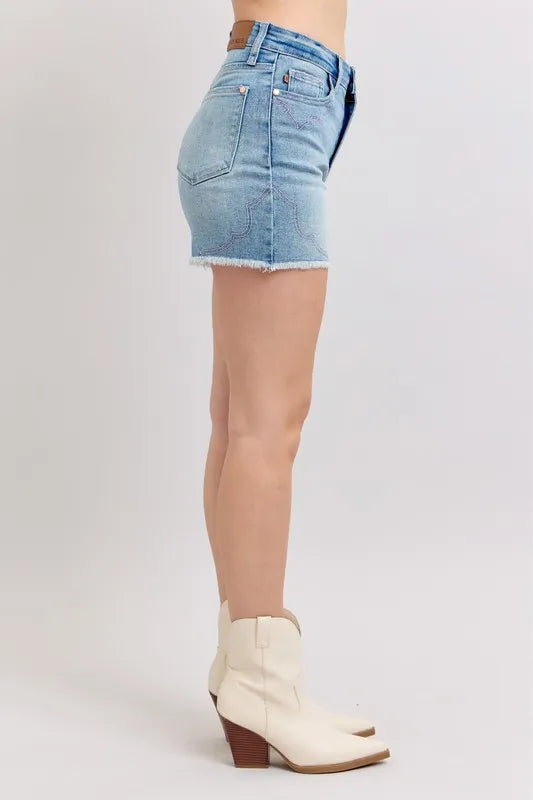 Judy Blue Denim Shorts High Waist Western Embroidery Detail Cut Off 56c9e1604e704aefac1d14b23cb5674c-Max-Origin Trendsi