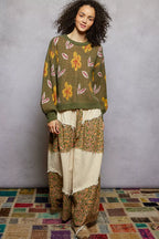POL Womens Sweater Olive Floral Pattern Round Neck Balloon Sleeve 56ca7b5d-86c0-43aa-aa55-3b9c39dc8898-Max-Origin Trendsi