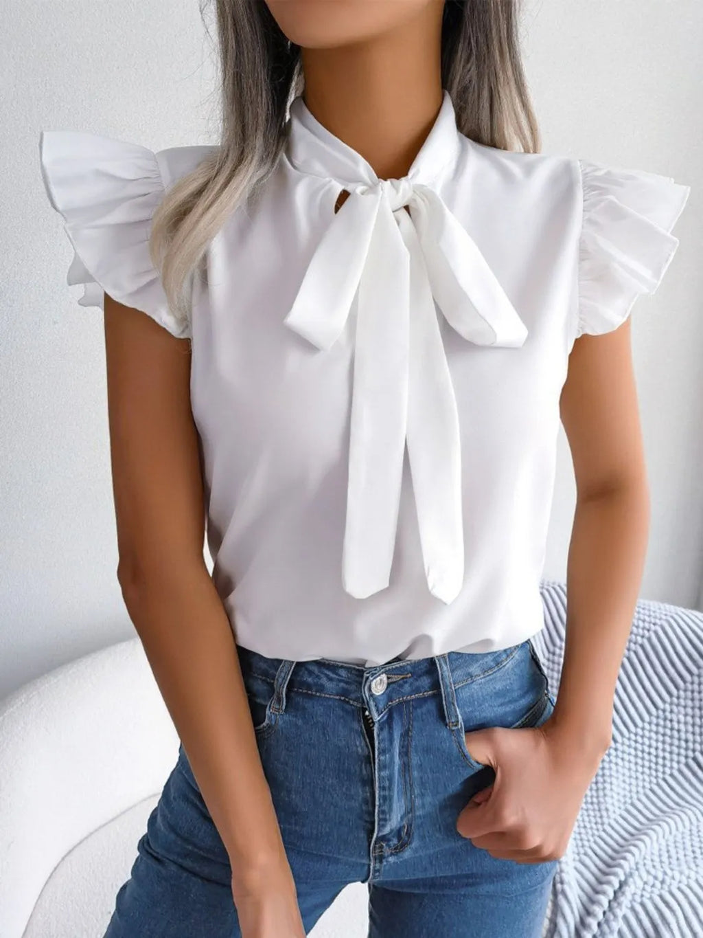 Women's Blouse Bow Tie Neck Ruffle Cap Short Sleeve Top White 56cb539e-35bc-40f1-be94-7c5477dc9413-Max-Origin Trendsi