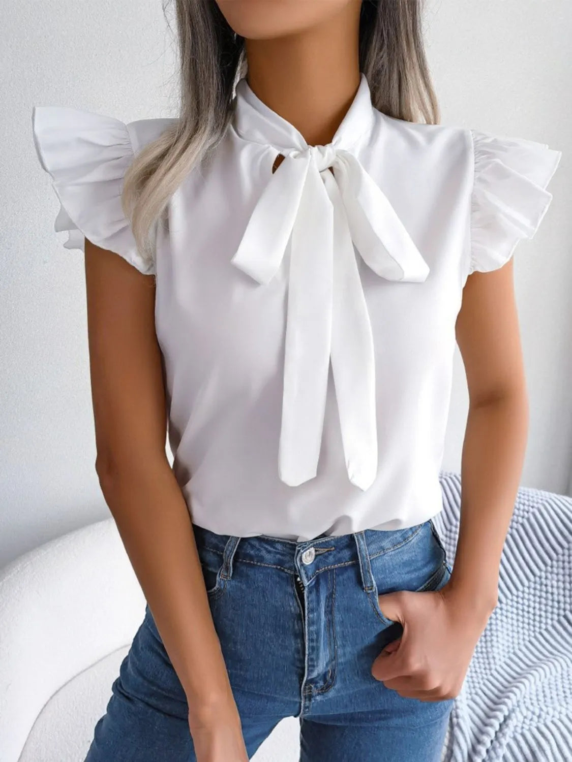 Women's Blouse Bow Tie Neck Ruffle Cap Short Sleeve Top White 56cb539e-35bc-40f1-be94-7c5477dc9413-Max-Origin Trendsi
