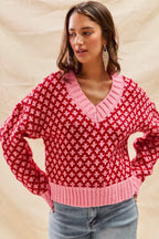 SO ME Christmas Women's Sweater Red Pink Color Block Textured V Neck Top 56cdceaf6db646e6949990d8fe95bcf5-Max-Origin Trendsi