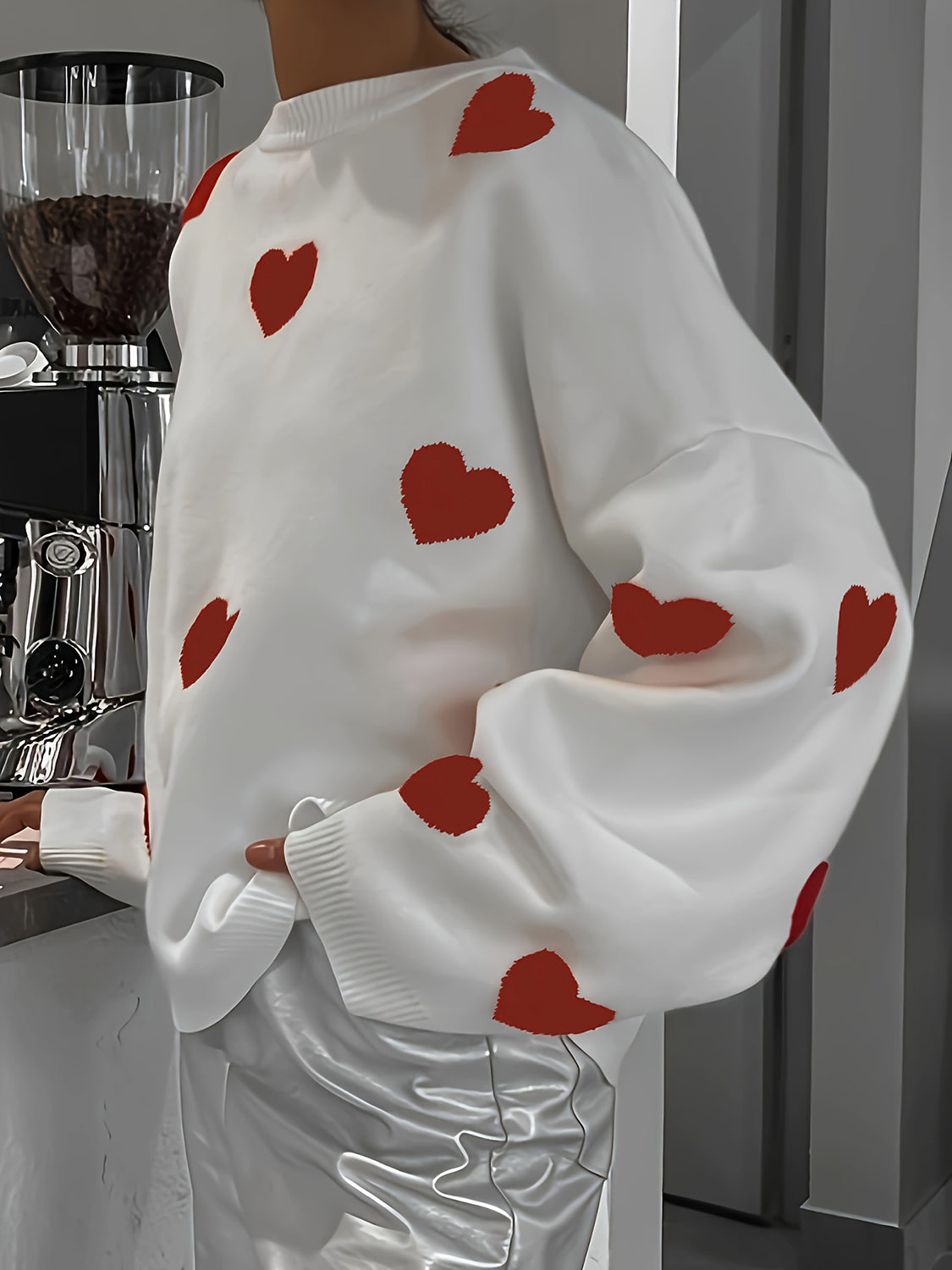 Sweater Heart Valentine’s Day Round Neck Long Sleeve Women White Pullover