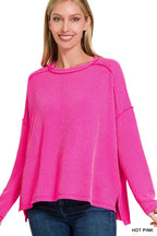 Zenana Corded Rib Knit Top Hot Pink Exposed Seam Long Sleeve Oversized HOT PINK 56d3fc37732c451fa3a30577a2938d8b-Max-Origin Trendsi