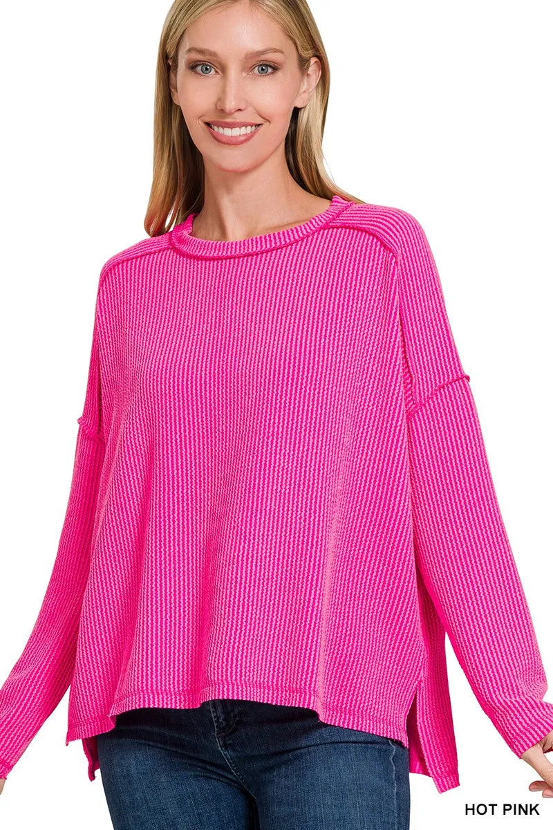 Zenana Corded Rib Knit Top Hot Pink Exposed Seam Long Sleeve Oversized HOT PINK