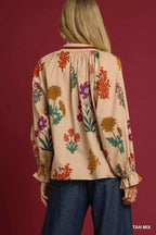 Umgee Womens Blouse Cotton Floral Tan Mix Print Flounce Long Sleeve Top 56d75998-d212-4b22-91f9-3305d43d969b-Max-Origin Trendsi