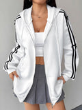 Striped Sleeve Zip-Up Hoodie with Drawstring and Bow Detail