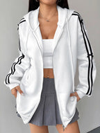Striped Sleeve Zip-Up Hoodie with Drawstring and Bow Detail