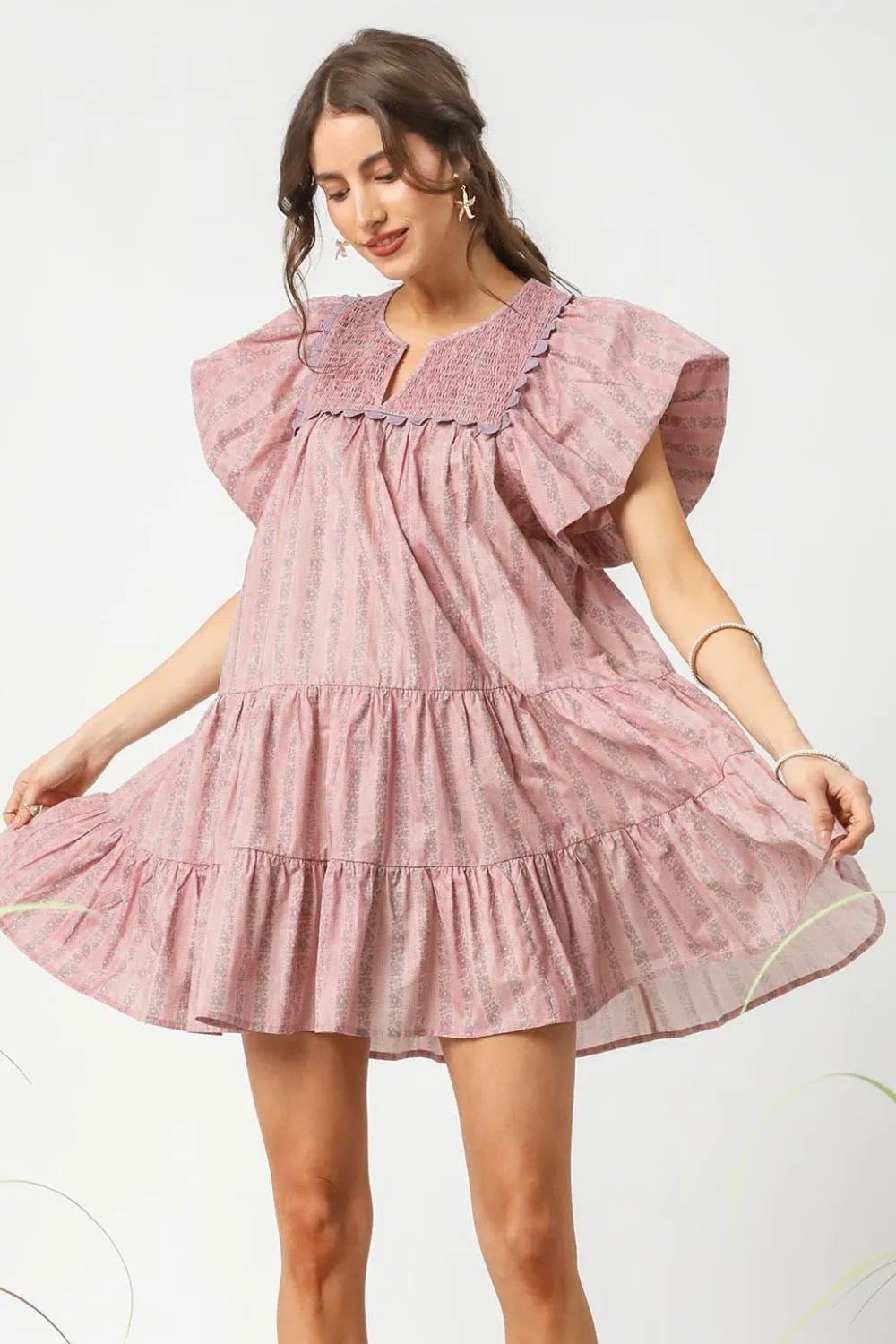 Umgee Mini Dress Dusty Pink Floral Ruffled Cap Sleeve Tiered 56dcc2a9-482a-45de-a7f6-74fa944a719e-Max-Origin Trendsi