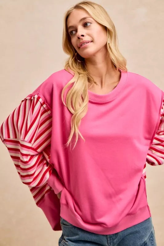 BiBi Women Sweatshirt Pink French Terry Red Stripe Combo with Open Seam Top 56e2629721a24b128d3b1a5081dfb781-Max-Origin Trendsi
