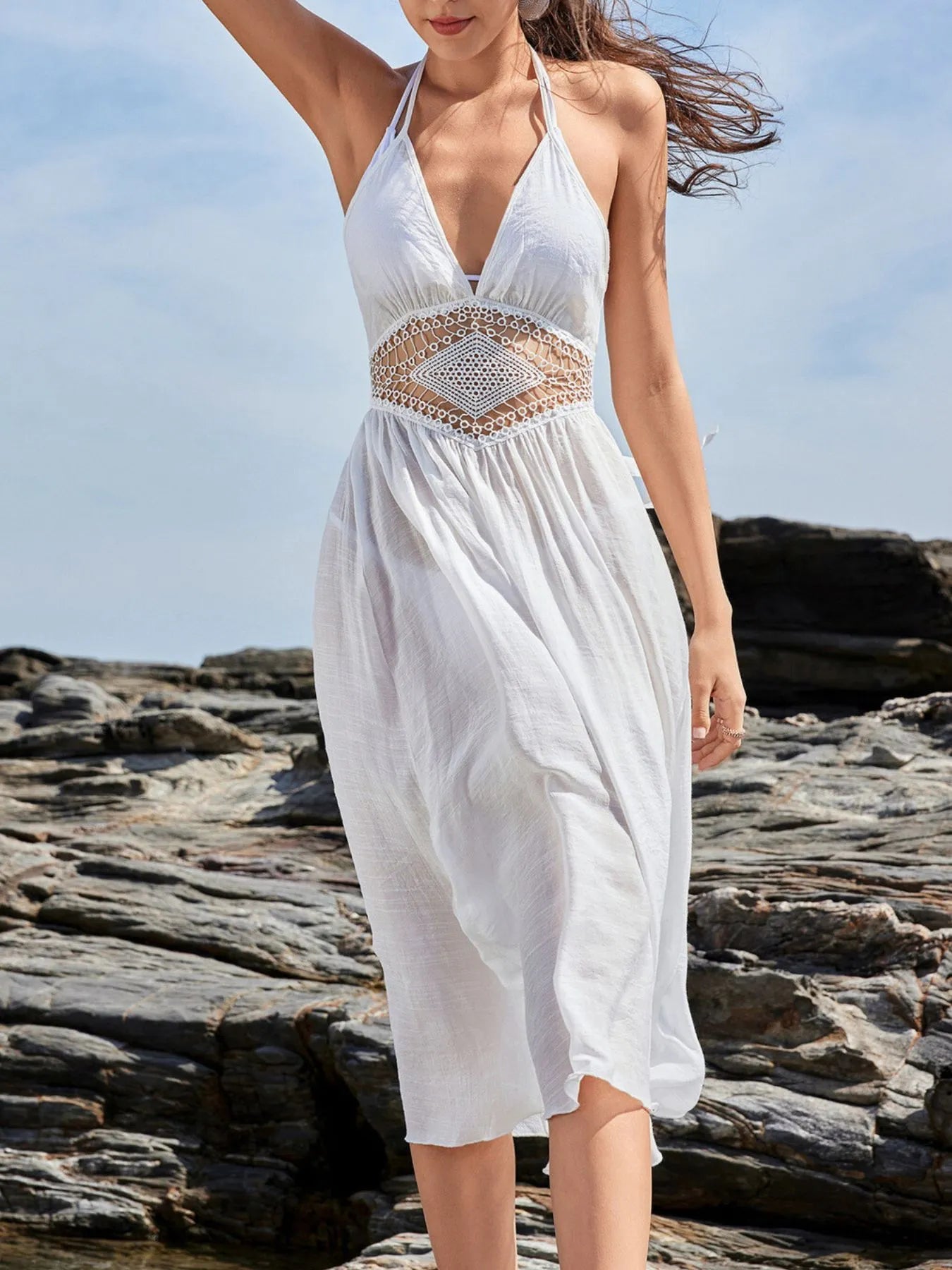 Swimwear Cover-Up Dress Crochet White Waist Halter Sleeveless V Neck Cutout 56f8a574-c228-484c-a3cf-47b669fb7888-Max-Origin Trendsi