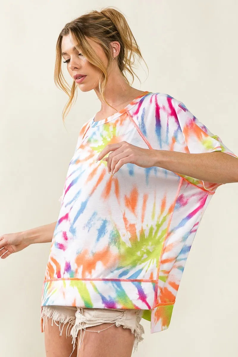 BiBi T-shirt Cotton Tie Dye Print Jersey Stitched Uneven Hem Top 57092a862e854412b93b21b252116081-Max-Origin Trendsi