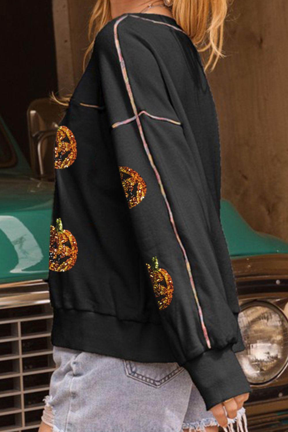 Sequin Pumpkin Sweatshirt Round Neck Long Sleeve Top 571379a0-69ba-4ab3-be35-cfd393abc679-Max Trendsi
