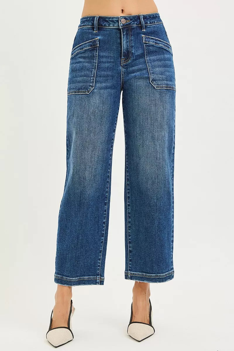 RISEN Slouchy Cropped Baggy Jeans with Front Patch Pocket
