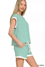 Zenana Stripe Contrast Trim Top & Shorts Set