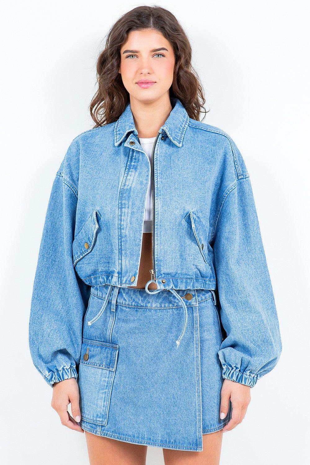 Crop Denim Jacket American Bazi Drawstring Waist Zipper Outwear Blue 5719ff7f-097a-4629-96b8-6c6d1530b8b0-Max Trendsi