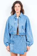 Crop Denim Jacket American Bazi Drawstring Waist Zipper Outwear Blue 5719ff7f-097a-4629-96b8-6c6d1530b8b0-Max Trendsi