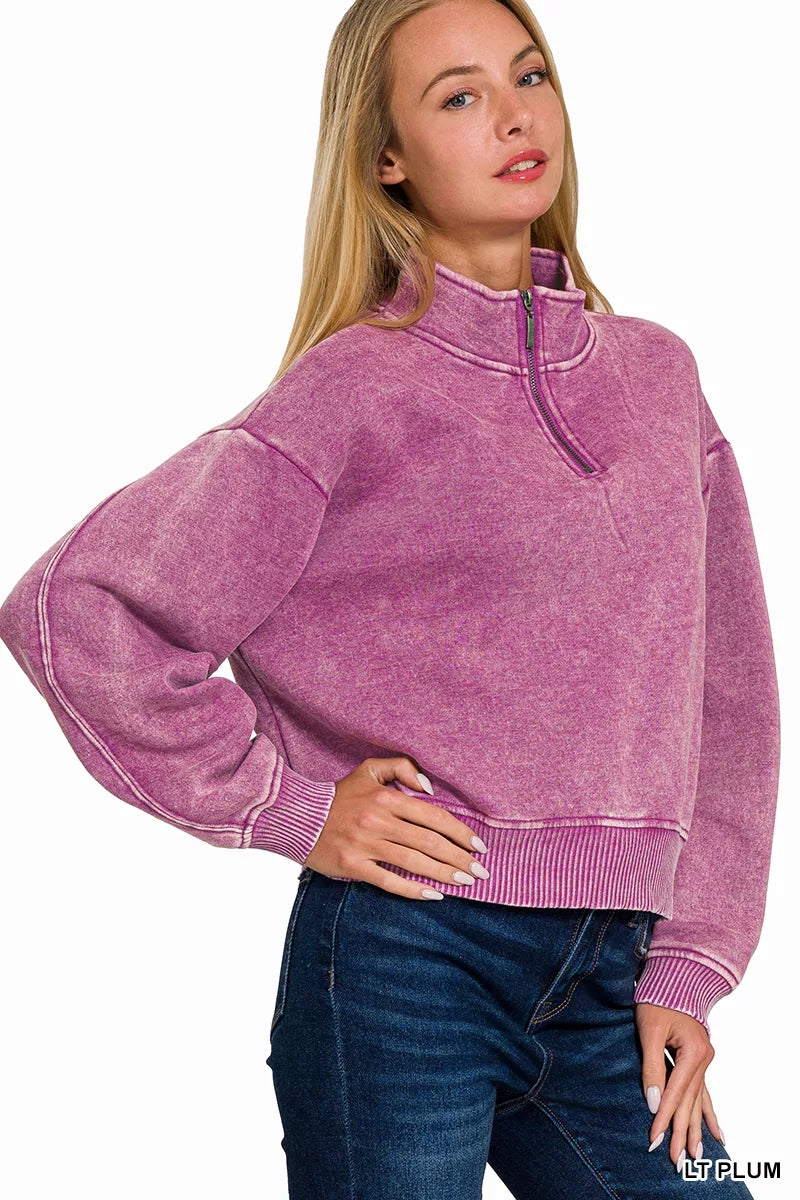 Zenana Womens Fleece Sweatshirt Light Plum Acid Wash Half Zip Top 571d2171-d6e2-4164-95e9-03113d46284f-Max-Origin Trendsi