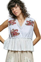 POL Floral Patch Ruffled Sleeveless Top with Raw Edge Detailing