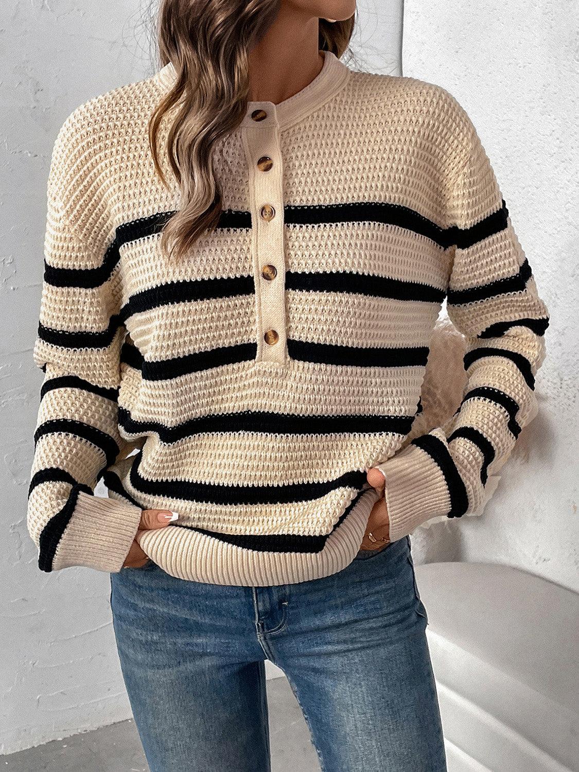 Perfee Striped Sweater Half Button Long Sleeve Knitwear 571fdcb8-3c08-4892-b04d-b1cf2f40f6f5-Max Trendsi