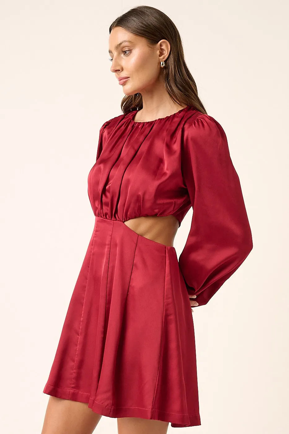 Mittoshop Mini Dress Satin Side Cutout Detail Wine Red Long Sleeve 5720a741ecaf47dd8234045fc9da1adf-Max-Origin Trendsi