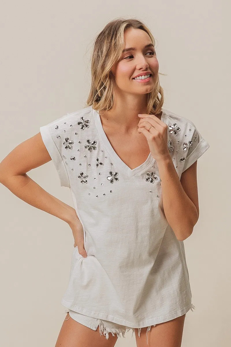 BiBi Cotton T-shirt Slub Jersey Rhinestone Flowers Beaded V Neck Top 5727b09bb2af47f38017b0affc485810-Max-Origin Trendsi