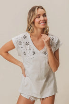 BiBi Cotton T-shirt Slub Jersey Rhinestone Flowers Beaded V Neck Top 5727b09bb2af47f38017b0affc485810-Max-Origin Trendsi