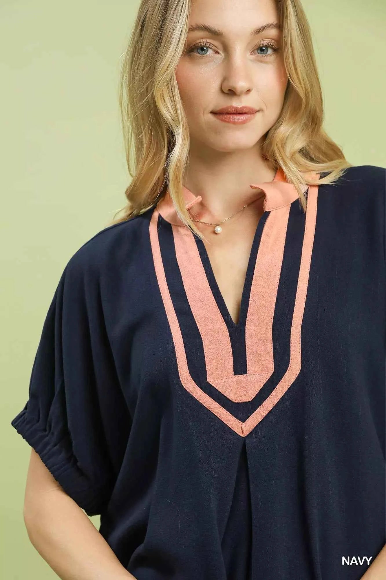 Umgee Blouse Linen Navy Blue Contrast Trim V-Neck Short Sleeve Top 5728a2e6-7d67-4de9-a30f-a96811e69c6f-Max-Origin Trendsi