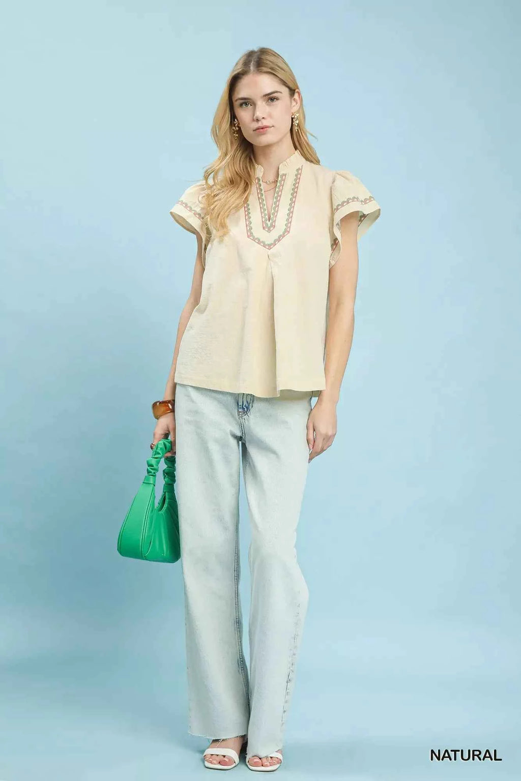 Umgee Embroidered Flutter Sleeve Blouse