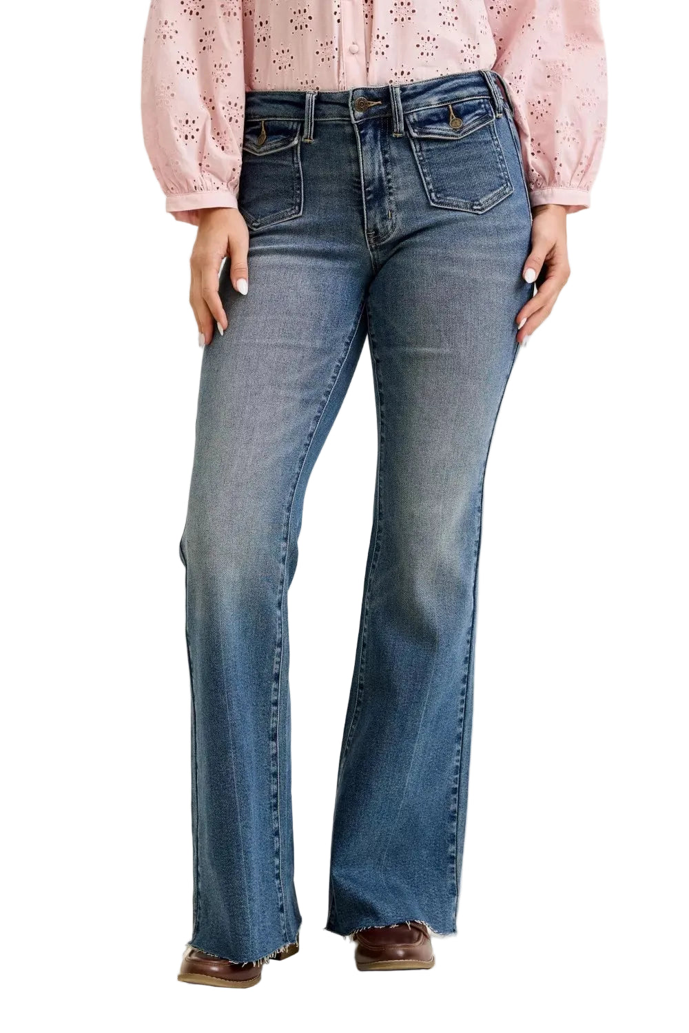Judy Blue Mid-Rise Flare Jeans with Front Flap Pockets