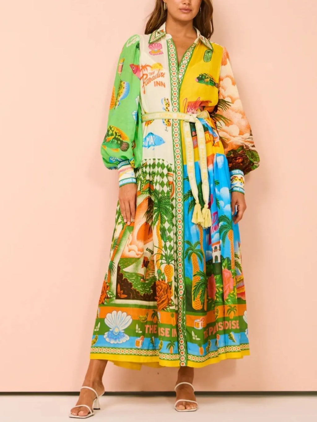 Midi Shirt Dress Multicolor Tropical Printed Lantern Long Sleeve Belted 573aa84f-6e51-4125-bdce-def133911693-Max-Origin Trendsi