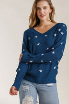 Umgee Knit Top Star Pattern V Neck Long Sleeve Women Navy Pullover Navy 573b7806-9e42-4a82-a7b1-32b9db28c460-Min Trendsi