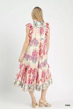 Umgee Midi Dress Pink Boho Boarder Print Ruffle Short Sleeve 573be8ca-a300-483d-8eba-bb7c20e95f3e-Max-Origin Trendsi