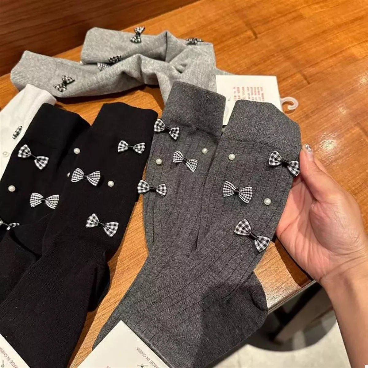 Women's Crew Socks Cotton Bow Pearl Detail Soft 1 Pair 573f0ddc-f423-45af-981b-2116b11bb102-Max-Origin Trendsi