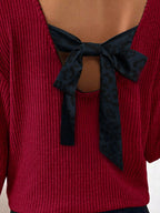 Womens Red Knit Top V Neck Ribbon Bow Back Long Sleeve Sweater 5746ad89-bbf4-4e62-b831-db4014bc5d95-Max-Origin Trendsi